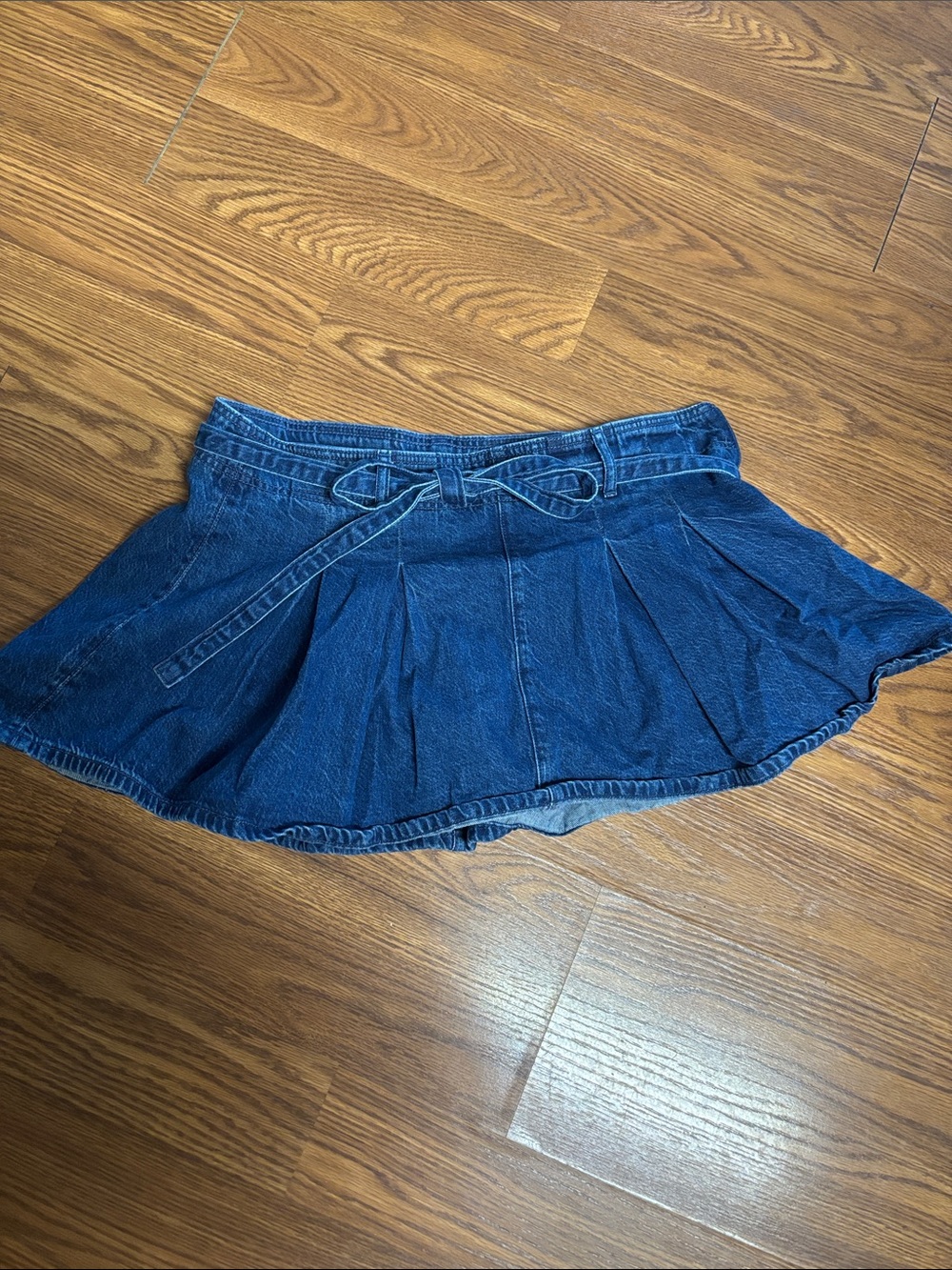 American Eagle Outfitters Dark Blue Denim Skater Mini Skirt with Waist Tie